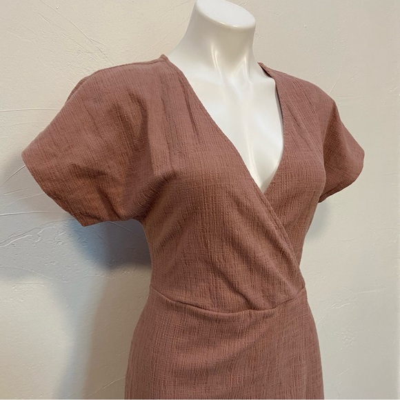 MADEWELL MAUVE CROSS FRONT WRAP FLUTTER SLEEVE LIGHTWEIGHT FIT FLARE MINI DRESS - Picture 3 of 13